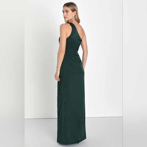 Lulus Dreaming of Elegance Emerald Satin One-Shoulder Maxi Dress S Wedding Party - Picture 5 of 9